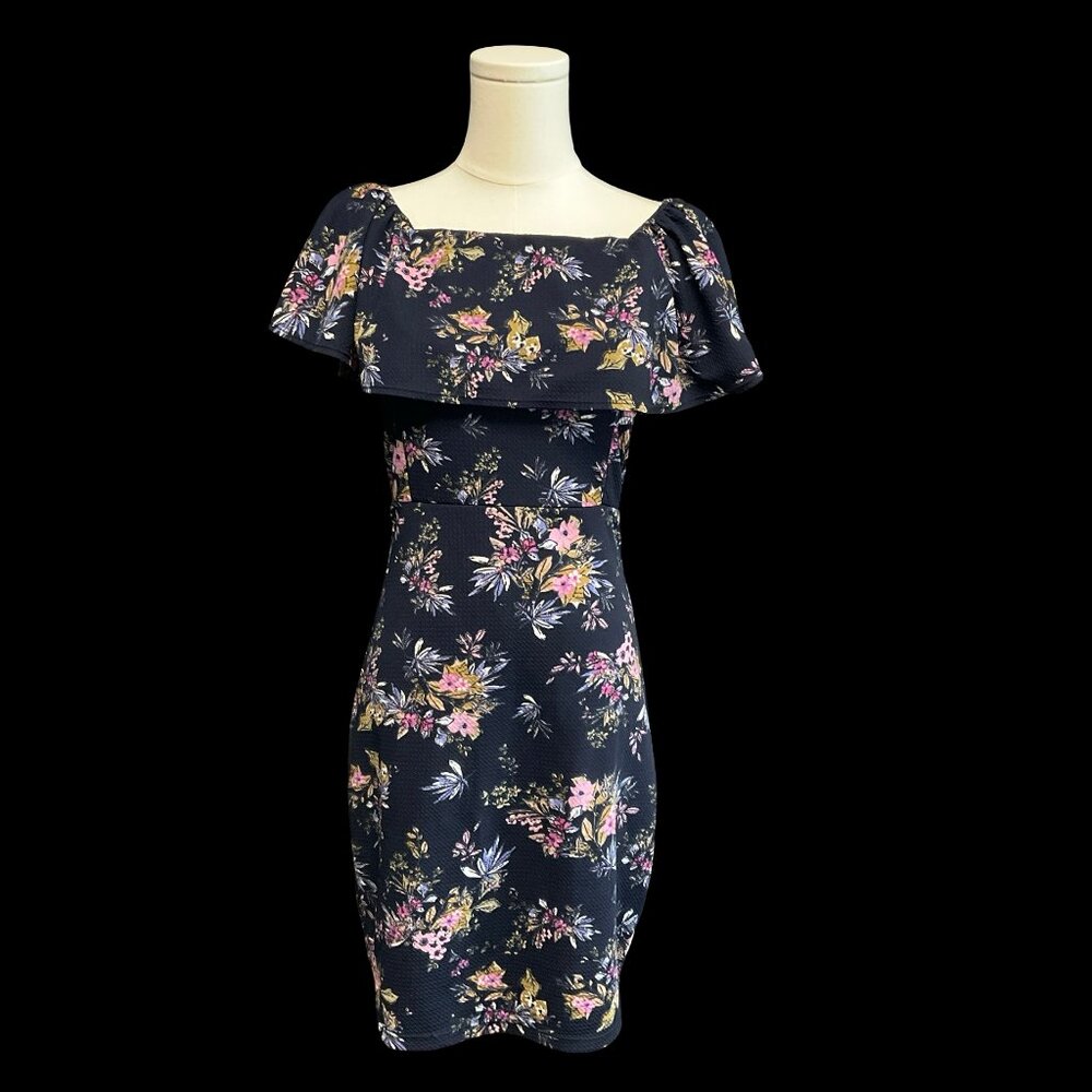 Navy Floral Print Dress w/ Ruffle Neckline